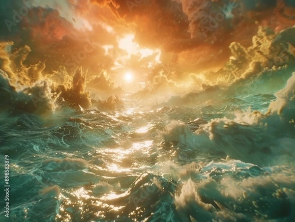 Fototapeta A vibrant, ethereal landscape with glowing clouds and a shimmering sea, suggesting a celestial scene.