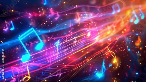 Fototapeta Abstract background with glowing musical notes and light trails in vibrant colors.