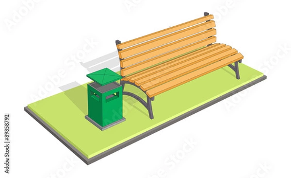Obraz Bench in the park with litter bin (trash metal tank). A bench on