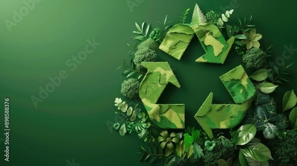 Fototapeta Abstract 3D green earth with recycling arrows and nature elements, symbolizing eco-friendly practices