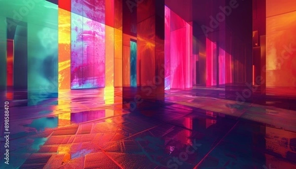 Fototapeta Abstract colorful hallway with vibrant lights reflecting on the floor.