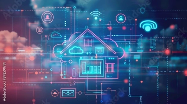 Fototapeta Abstract digital illustration of a smart home with cloud computing and internet of things icons.  The design features a glowing house with network connections.