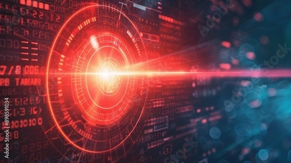Fototapeta Abstract digital interface with a glowing red circle and data streams.