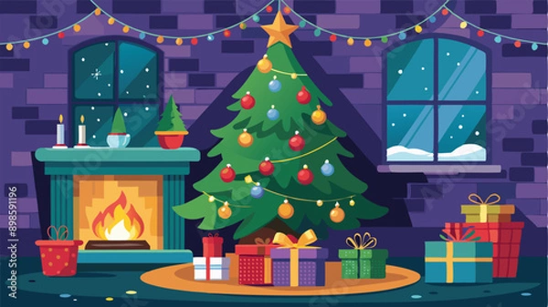 Fototapeta Stylishly decorated Christmas tree with fireplace interiors with a Christmas tree, lights and gifts under the tree.. Generative AI
