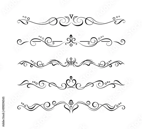 Obraz Set of 5 hand drawn calligraphic text dividers. Editable retro lines, separators or frame elements