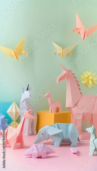 Fototapeta Colorful Handmade Origami Animals Displayed in Playful Pastel Setting for Creative Design