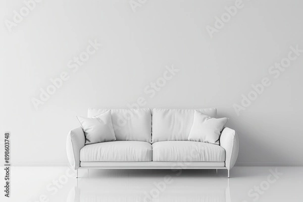 Fototapeta A white sofa sits in a minimalist room. The sofa is positioned in front of a white wall. Generative AI