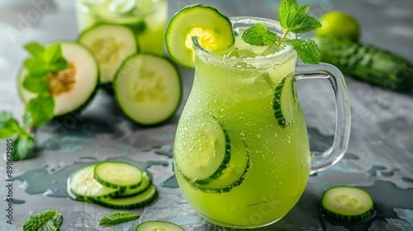 Obraz cucumber melon agua fresca, with blended cucumber, honeydew melon, lime juice, and water, garnished with cucumber slices and mint leaves, in a glass pitcher