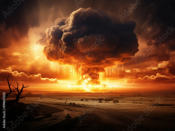 Fototapeta The Cataclysmic Explosion of Fiery Destruction Spreading Across the Desolate Landscape