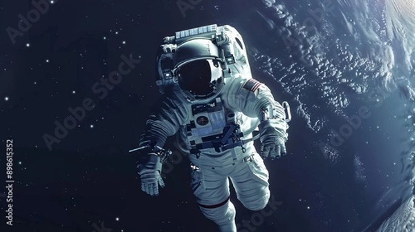 Obraz Digital artwork featuring an astronaut floating in space, marveling at Earth's splendor in the vast expanse of the universe