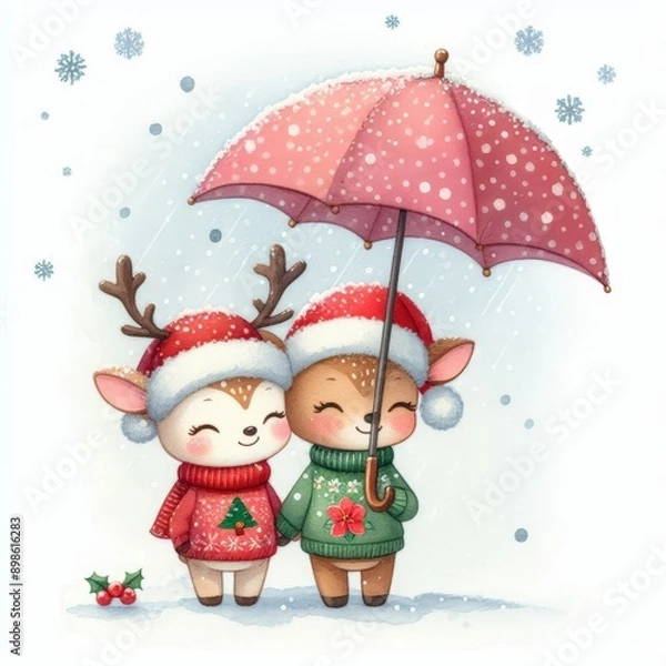 Fototapeta Two adorable reindeer in Santa hats and sweaters share an umbrella in the snow.
