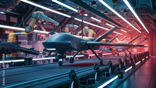 Fototapeta Futuristic Drone Factory: Automated Military Aircraft Assembly Line