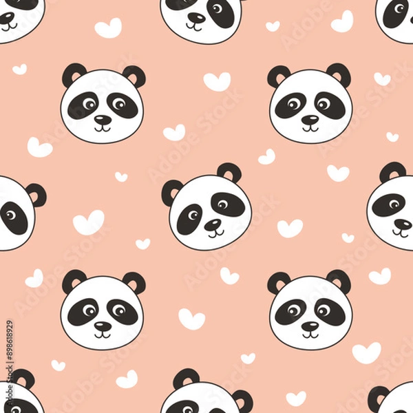Obraz Seamless pattern with cute panda faces and hearts on pastel pink background.