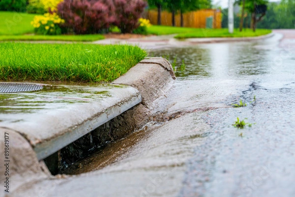 Fototapeta Stormwater flowing into street intake drain after a rainstorm