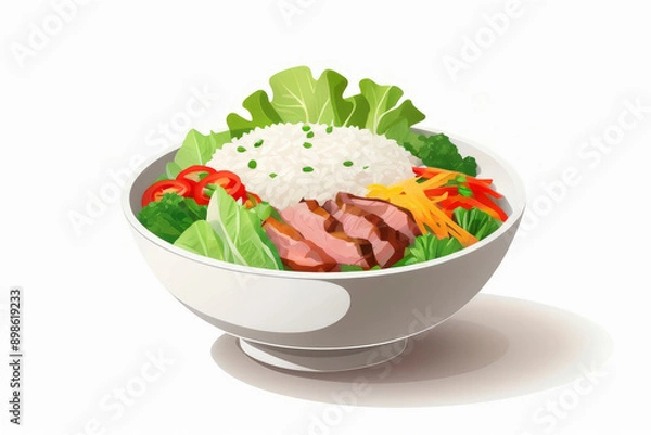 Fototapeta Wholesome bowl with rice, meat, fresh vibrant vegetables and crisp leafy lettuce. Gourmet and healthy food concepts. For culinary projects emphasizing healthy eating, food-related designs, menu, cafe