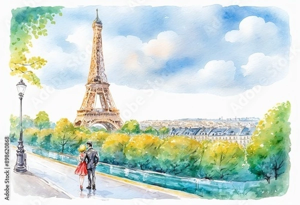Fototapeta Watercolor Illustration of a Eiffel Tower in Paris, France