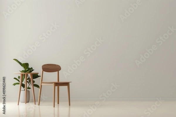 Fototapeta A simple and modern interior design featuring a wooden chair and table against a plain white wall. Generative AI