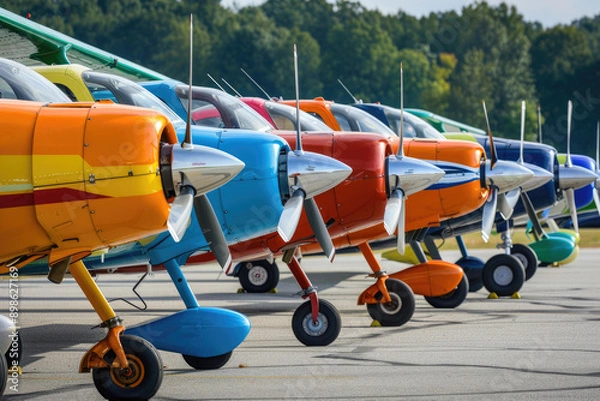 Fototapeta Colorful propeller planes lined up neatly on airfield ready for takeoff