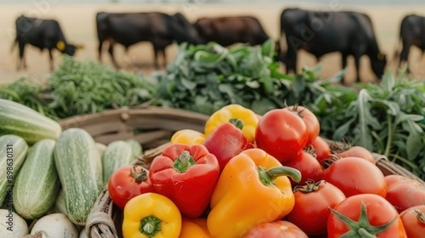 Fototapeta Fresh vegetables including peppers and cucumbers with cattle grazing in the background, showcasing farm produce and livestock.