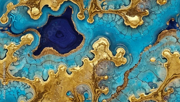 Fototapeta Abstract Blue and Gold Fluid Art Background. Marble Texture with Metallic Gold Accents. Luxury Blue and Gold Marbled Pattern. Modern Abstract Painting with Metallic Elements.