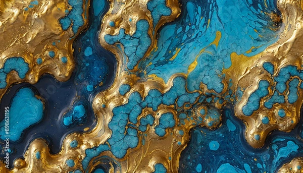 Fototapeta Abstract Blue and Gold Fluid Art Background. Marble Texture with Metallic Gold Accents. Luxury Blue and Gold Marbled Pattern. Modern Abstract Painting with Metallic Elements.