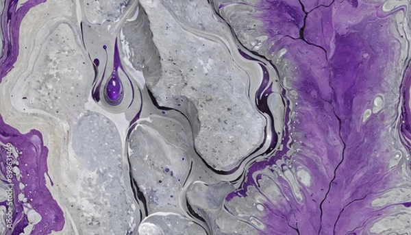 Fototapeta Abstract liquid paint texture background with purple and gray colors.  Luxury metallic silver fluid movement mineral deposit artistic elements.