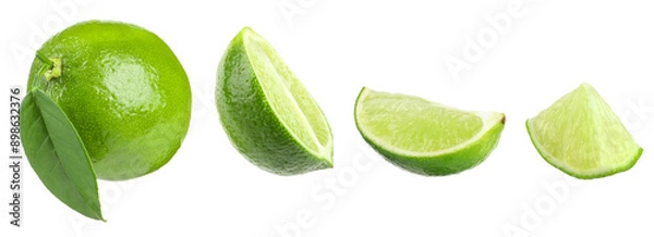 Fototapeta Fresh lime isolated on white, collage. Whole, half and slices