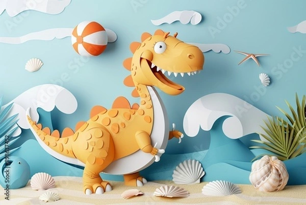 Fototapeta A 3D pop art front view of a happy dragon roasting marshmallows over a campfire with paper cut stars and a full moon on a dark blue background