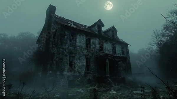 Fototapeta Spooky abandoned house at night with fog surrounding it and a full moon in the background