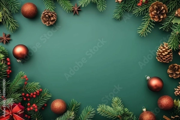 Fototapeta A green background with a Christmas tree and red and gold ornaments. The tree is surrounded by a frame of green leaves