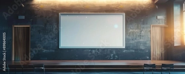 Obraz Modern empty stage with large blank screen and wooden doors in a dimly lit spacious room