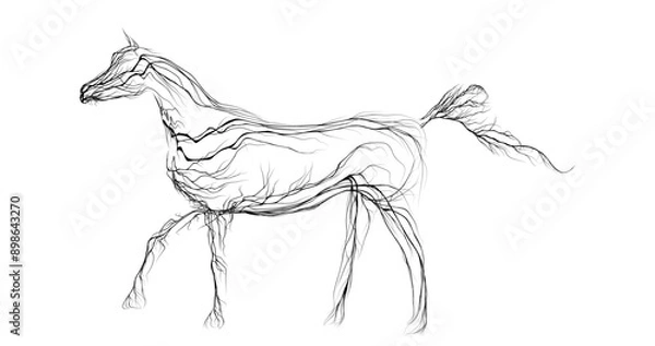 Fototapeta Composition of a horse standing in profile with wavy lines along the outline in black on a white background. Vector illustration.
