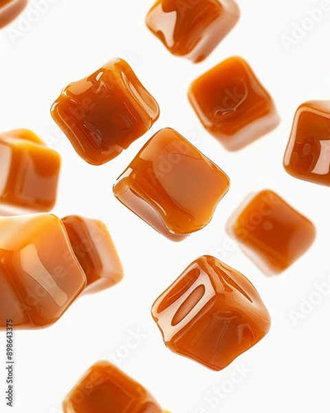 Fototapeta Caramel candy: Candied caramel cubes floating in the air on isolated a white background, caramel texture, crunch
