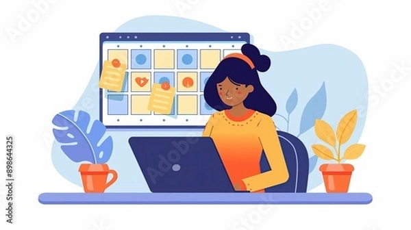 Fototapeta Digital Marketing: Social media manager scheduling posts using a content calendar. Organized professional planning and optimizing social media strategy to enhance engagement, brand visibility, growth.