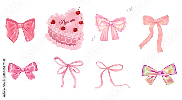 Fototapeta Coquette y2k bows and retro cake set. Bow and heart cake handdrawn elements isolated on transparent background. 