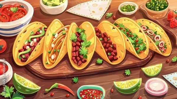 Fototapeta Illustration of Delicious taco platter with various fillings and toppings