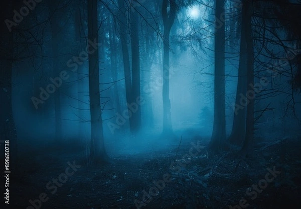 Fototapeta A dark, misty forest with tall trees illuminated by moonlight, creating an eerie, mysterious atmosphere.