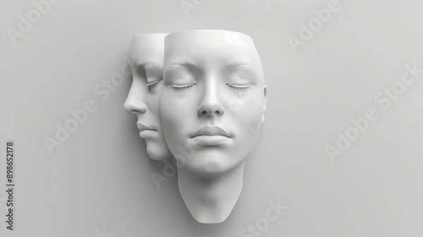 Fototapeta A minimalist sculpture of two white faces, one facing forward with eyes closed, the other in profile, against a white background.
