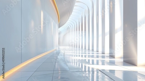 Fototapeta A modern, minimalist hallway with white walls and a glossy floor, illuminated by bright sunlight streaming through arched windows.
