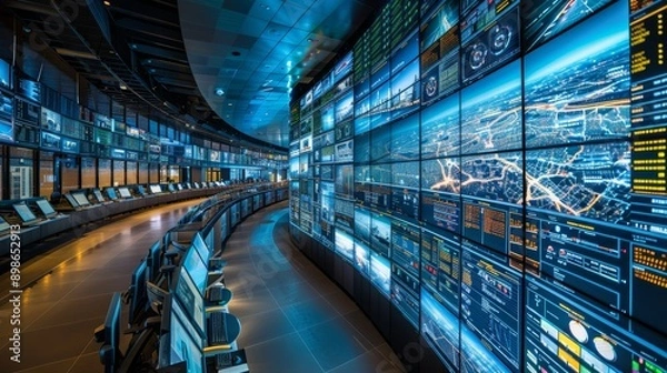 Fototapeta Panoramic View of High Tech Control Room with Global Data Networks and Performance Metrics Displays