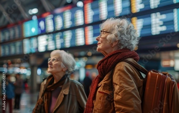 Obraz Two elderly women at a busy train station terminal, checking departure times on an electronic board.