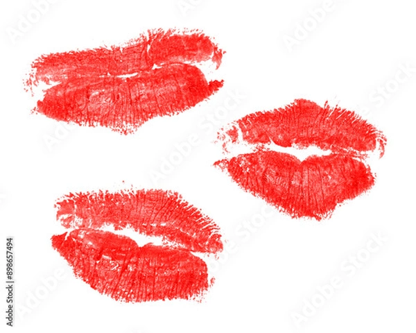 Obraz A variety of lipstick kisses on an isolated background for a makeup cosmetic ad or love romance concept.