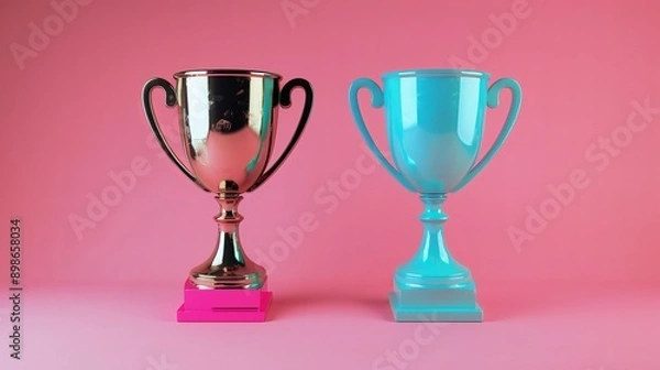 Fototapeta Two trophies, one silver and one blue, stand on pink bases against a pink background.