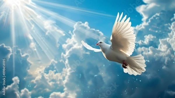 Fototapeta A serene white dove gracefully soars through a radiant blue sky filled with fluffy clouds and beams of sunlight, symbolizing peace and freedom. 