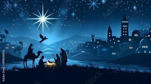 Fototapeta A tranquil and beautifully illustrated nativity scene under a starry night sky, depicting the birth of Jesus with silhouetted figures and animals in a serene landscape. 