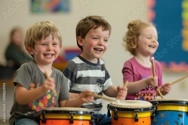 Fototapeta Three children are smiling while playing drums in a classroom setting.
