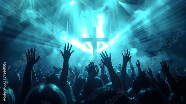 Fototapeta A vibrant worship scene featuring a large silhouette of a cross illuminated by dynamic blue lights and hands raised in the air, symbolizing praise and spiritual connection. 