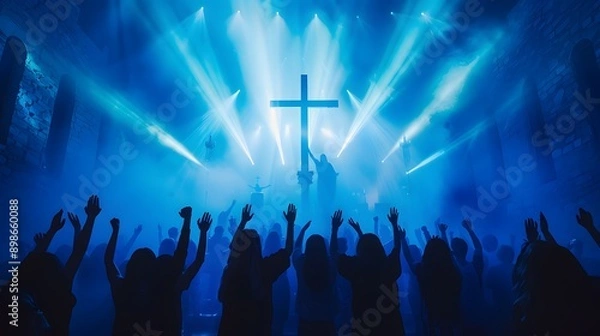 Fototapeta A vibrant worship scene with a silhouetted crowd raising their hands in praise under dramatic lighting in a church setting.