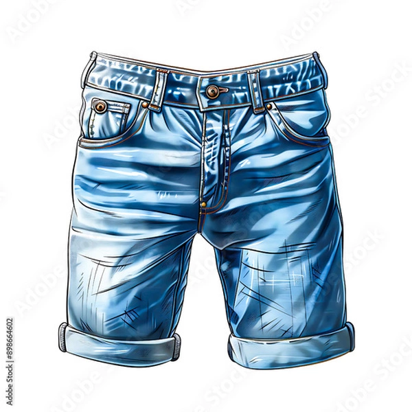 Fototapeta Stylish blue denim jean shorts isolated on transparency PNG background, rolled up at the cuffs, ready for a casual summer look.
