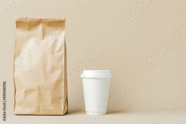 Fototapeta Minimalist image featuring a brown kraft paper coffee bag and a white to-go cup set against a beige background. Ideal for coffee shop branding and takeaway promotions.